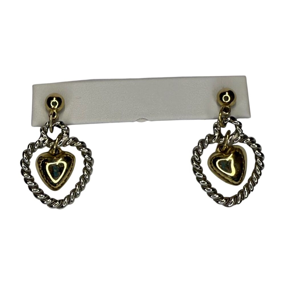 Vintage Women Jewelry Gold & Silver Tone Twisted Rope Heart Drop Dangle Earrings - Picture 6 of 7